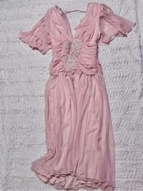 Casadei vintage Blush Pink Chiffon Dress Beaded Lace Appliqué Romantic Prom 10